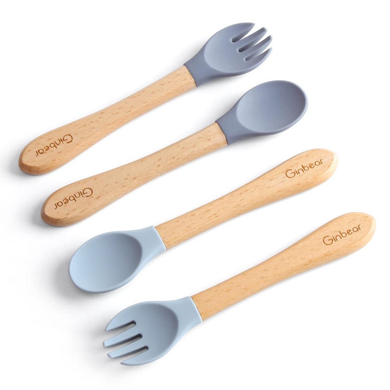 Ginbear Silicone Baby Spoons and Forks Self-feeding 12-18 Months, Soft Tip Baby Flatware Sets for Boy, Toddler Feeding Utensils for Child, 4 Piece Set (Gray/Blue) - Image 1